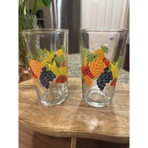 Vintage FIRNA Indonesia Drinking Glass Multi Fruits Design Tumbler 6” Set Of 2